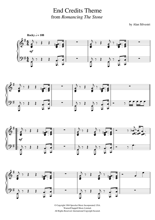 Learn to play Alan Silvestri Romancing The Stone (End Credits Theme) sheet music for Piano Solo in minutes. Price: 7.8900$ Alan Silvestri Romancing The Stone (End Credits Theme) sheet music notes and chords. Download Printable PDF.