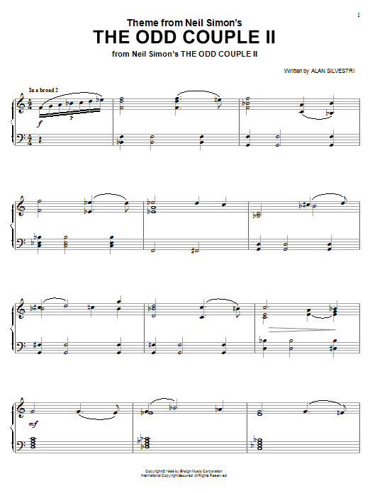 Preview Alan Silvestri Theme from Neil Simon's The Odd Couple II Film and TV sheet music, notes and chords for Piano Solo, SKU: 18364 sheet music, piano notes, chords, guitar tabs, score, transpose, transcribe, how to play, guide, download, learn, tutorial, progression, song, artist, awards, billboard, mtv, vh1, tour, single, album, release