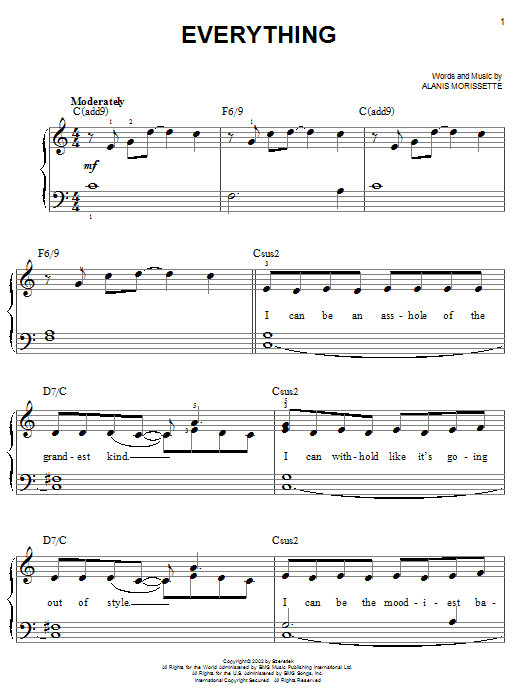 Alanis Morissette Everything sheet music notes and chords arranged for Easy Piano