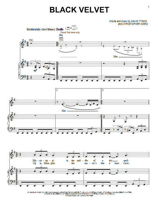 Alannah Myles Black Velvet sheet music notes and chords. Download Printable PDF.