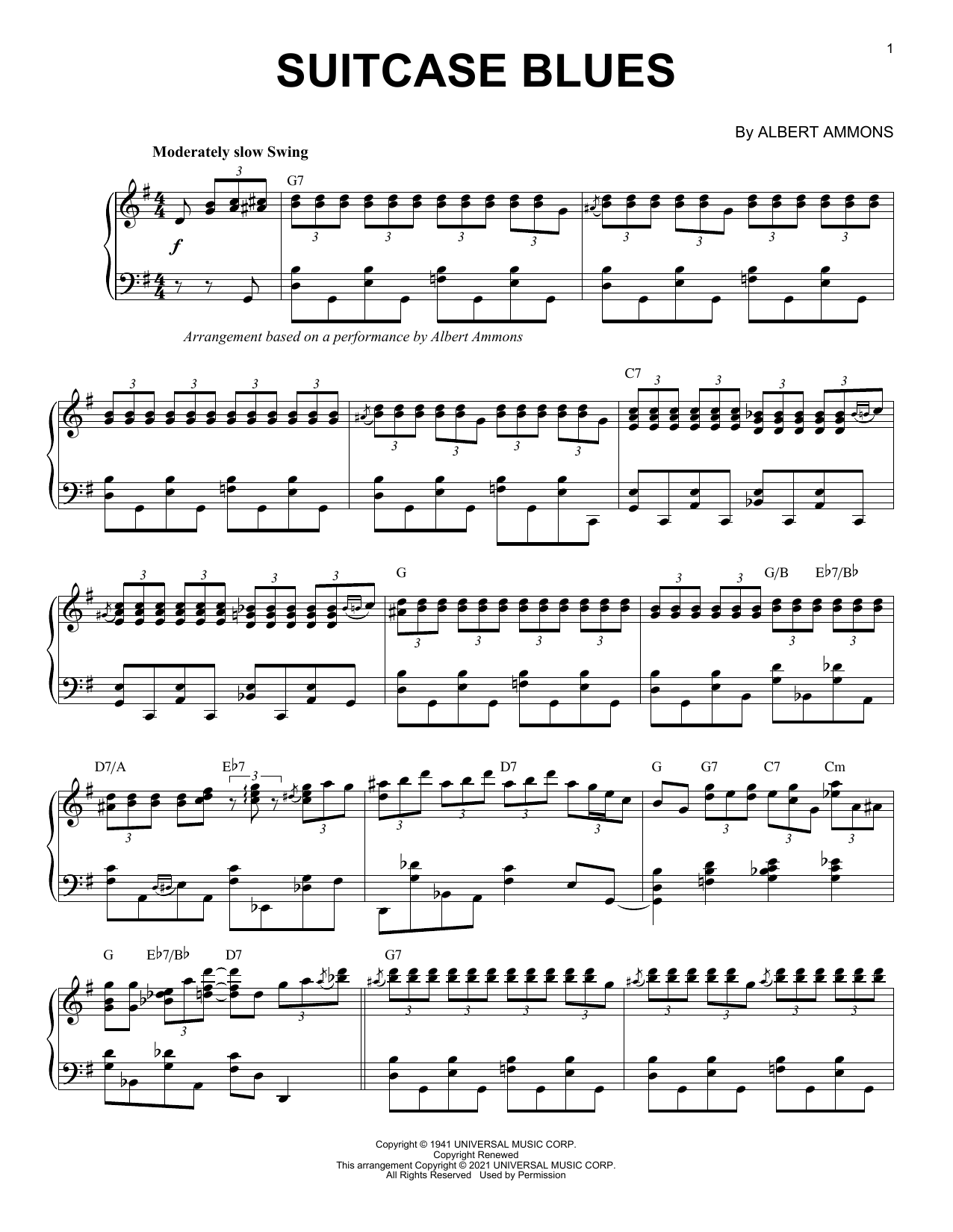 Learn to play Albert Ammons Suitcase Blues (arr. Brent Edstrom) sheet music for Piano Solo in minutes. Price: 7.8900$ Albert Ammons Suitcase Blues (arr. Brent Edstrom) sheet music notes and chords arranged for Piano Solo