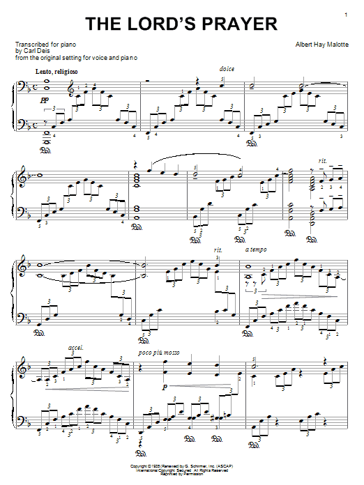 Learn to play Albert H. Malotte The Lord's Prayer sheet music for Piano Solo in minutes. Albert H. Malotte The Lord's Prayer sheet music notes and chords. Download Printable PDF.