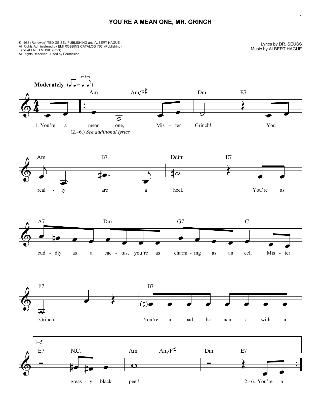 Learn to play Albert Hague You're A Mean One, Mr. Grinch sheet music for Lead Sheet / Fake Book in minutes. Albert Hague You're A Mean One, Mr. Grinch sheet music notes and chords. Download Printable PDF.