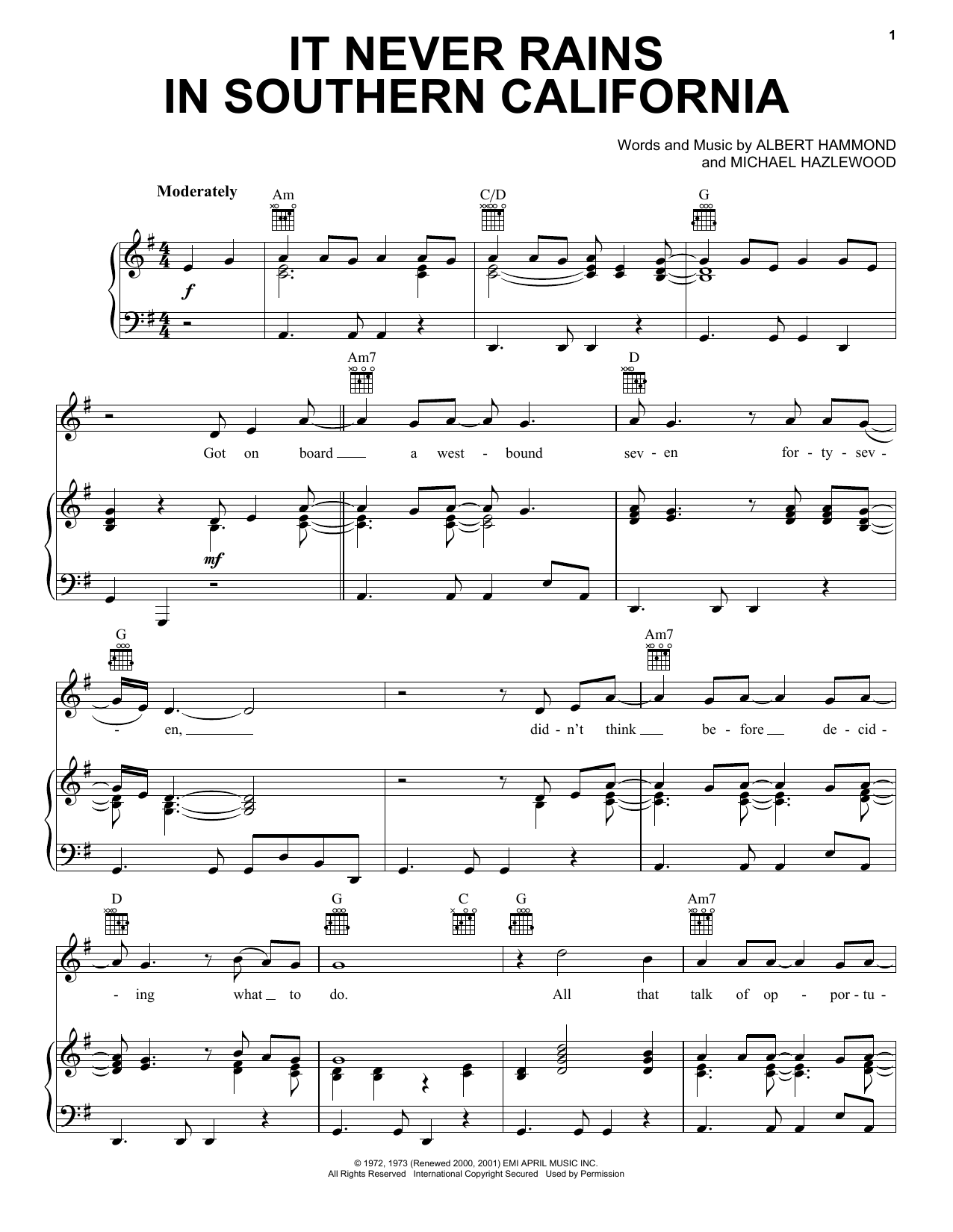 Preview Albert Hammond It Never Rains In Southern California Country sheet music, notes and chords for Piano, Vocal & Guitar (Right-Hand Melody), SKU: 16393 sheet music, piano notes, chords, guitar tabs, score, transpose, transcribe, how to play, guide, download, learn, tutorial, progression, song, artist, awards, billboard, mtv, vh1, tour, single, album, release