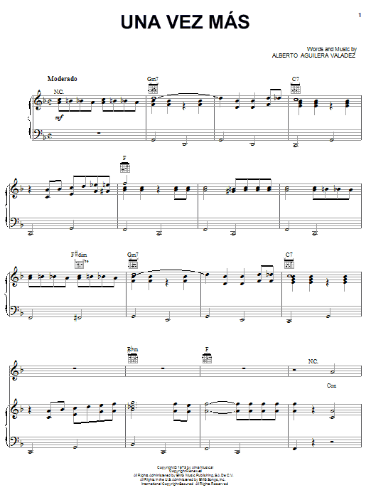 Learn to play Alberto Aguilera Valadez Una Vez Mas sheet music for Piano, Vocal & Guitar (Right-Hand Melody) in minutes. Alberto Aguilera Valadez Una Vez Mas sheet music notes and chords. Download Printable PDF.