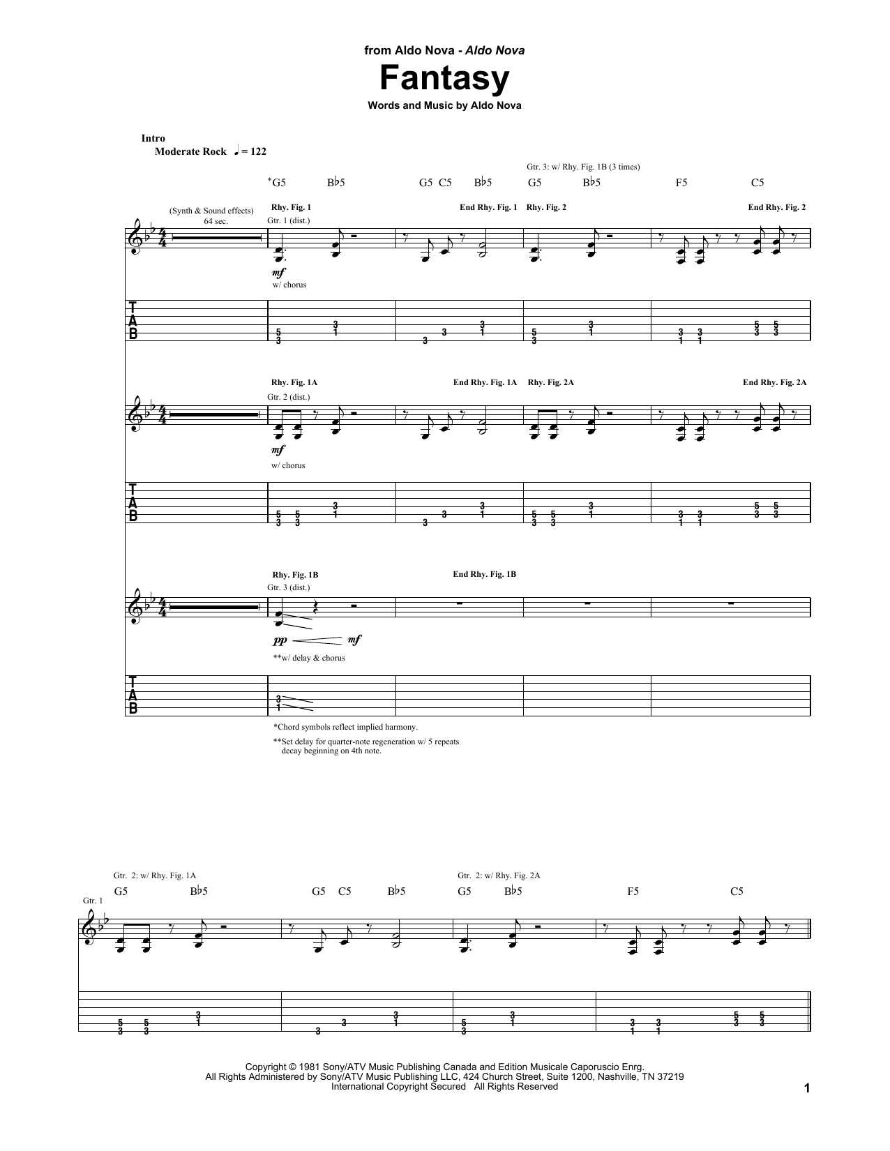 Learn to play Aldo Nova Fantasy sheet music for Guitar Lead Sheet in minutes. Aldo Nova Fantasy sheet music notes and chords. Download Printable PDF.