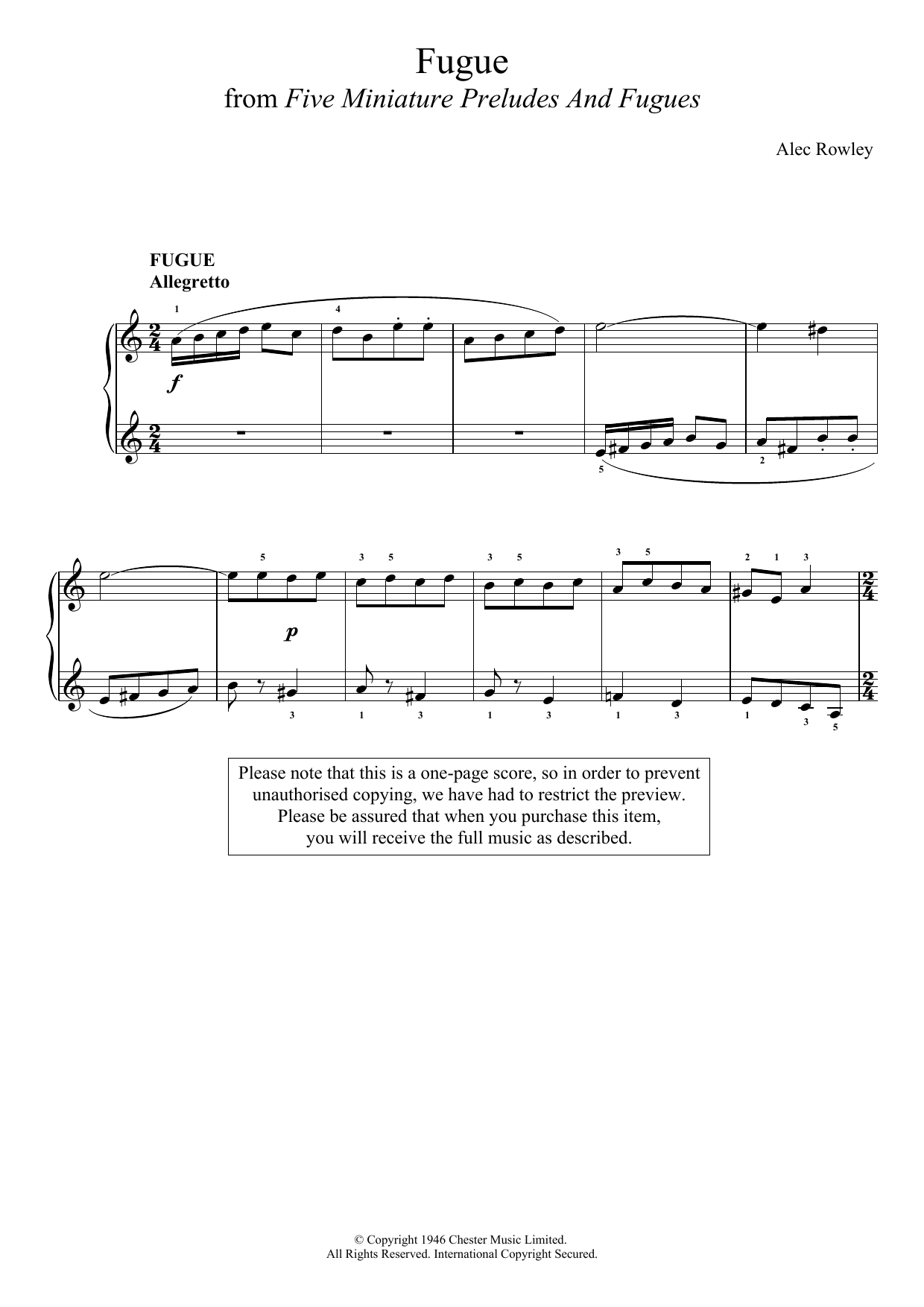 Alec Rowley Fugue (from Five Miniature Preludes And Fugues) sheet music notes and chords. Download Printable PDF.