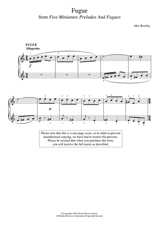 Learn to play Alec Rowley Fugue (from Five Miniature Preludes And Fugues) sheet music for Piano Solo in minutes. Alec Rowley Fugue (from Five Miniature Preludes And Fugues) sheet music notes and chords. Download Printable PDF.