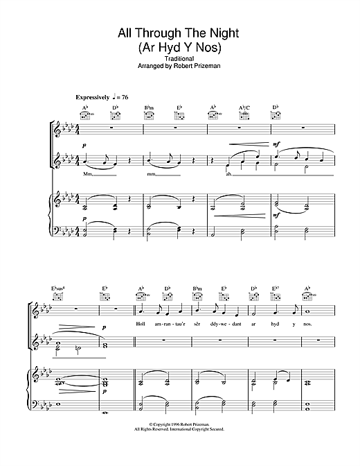 Aled Jones All Through The Night (Ar Hyd Y Nos) sheet music notes and chords. Download Printable PDF.