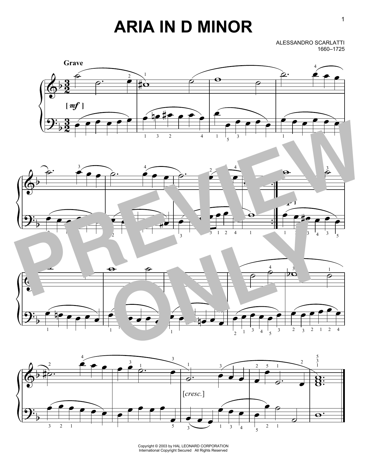 Alessandro Scarlatti Aria Sheet Music Notes, Chords  Download Printable  Easy Piano PDF Score - SKU: 29