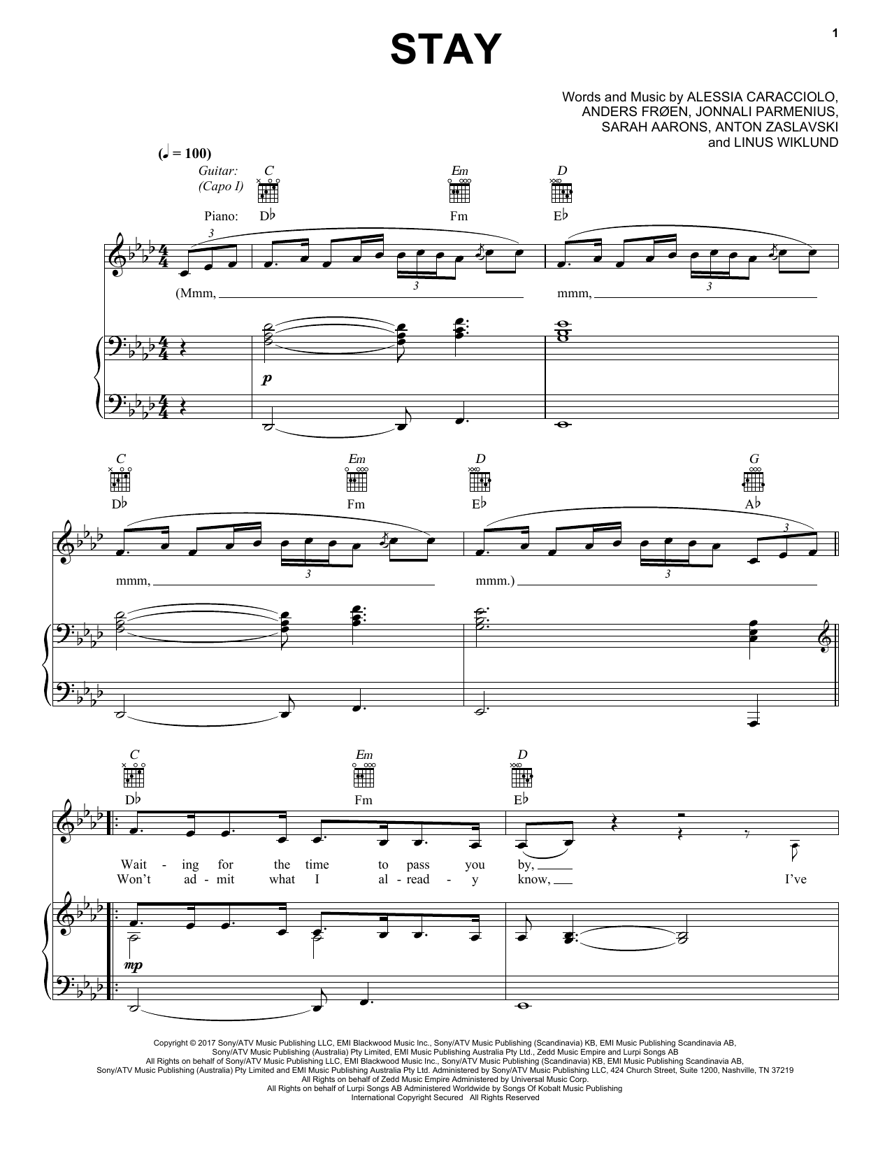 Alessia Cara Feat Zedd Stay Sheet Music Pdf Notes Chords Pop Score Piano Vocal Guitar Right Hand Melody Download Printable Sku