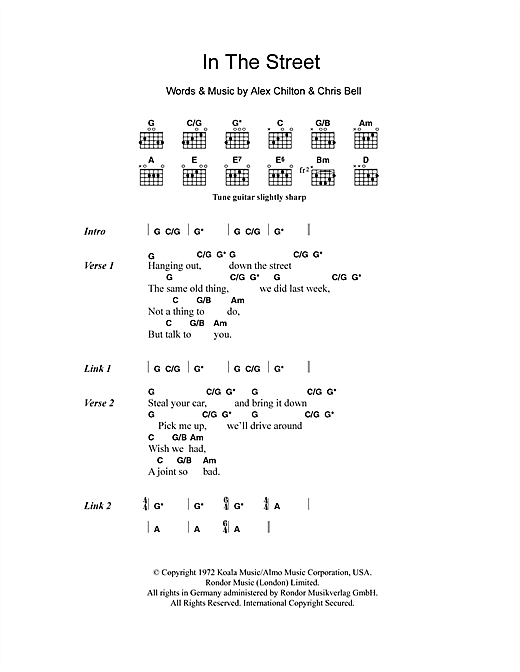 Learn to play Alex Chilton In The Street sheet music for Guitar Chords/Lyrics in minutes. Alex Chilton In The Street sheet music notes and chords. Download Printable PDF.