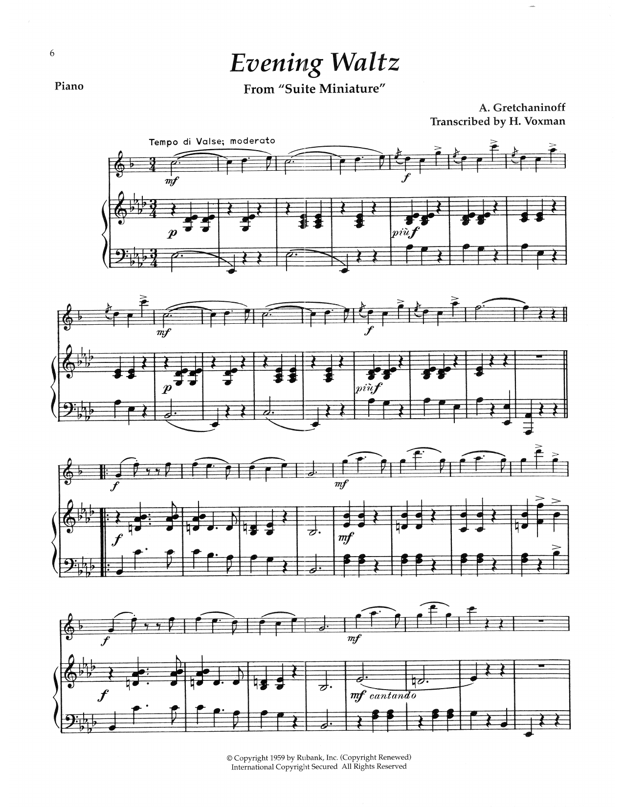 Alexander Gretchaninoff Evening Waltz sheet music notes and chords. Download Printable PDF.