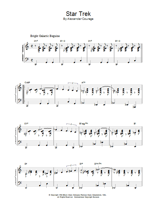 Learn to play Alexander Courage Theme from Star Trek sheet music for Piano Solo in minutes. Alexander Courage Theme from Star Trek sheet music notes and chords. Download Printable PDF.