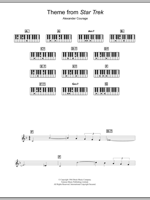 Learn to play Alexander Courage Theme from Star Trek sheet music for Piano Chords/Lyrics in minutes. Price: 3.9900$ Alexander Courage Theme from Star Trek sheet music notes and chords arranged for Piano Chords/Lyrics