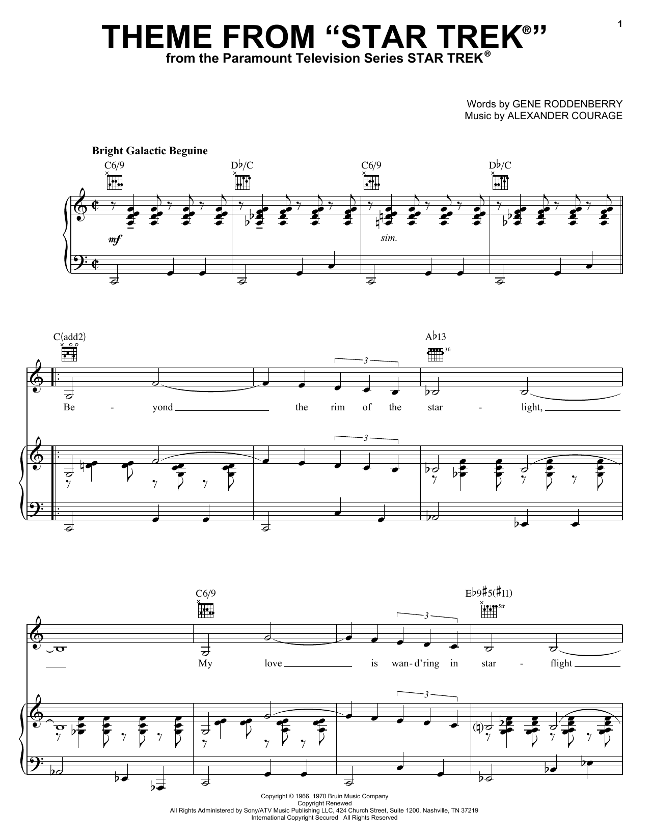 Preview Alexander Courage Theme from Star Trek(R) Film and TV sheet music, notes and chords for Piano, Vocal & Guitar (Right-Hand Melody), SKU: 16510 sheet music, piano notes, chords, guitar tabs, score, transpose, transcribe, how to play, guide, download, learn, tutorial, progression, song, artist, awards, billboard, mtv, vh1, tour, single, album, release