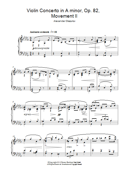 Alexander Glazunov "Violin Concerto A Minor 82, 2nd Movement 'Andante Sostenuto'" Sheet Music PDF Notes, Chords | Classical Score Solo Download Printable. SKU: 117318