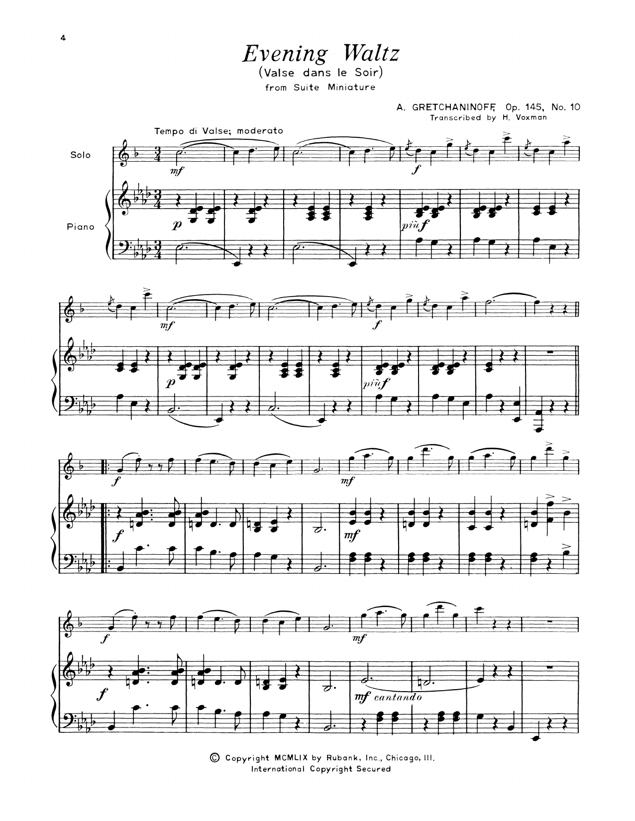 Alexander Gretchaninoff Evening Waltz sheet music notes and chords. Download Printable PDF.