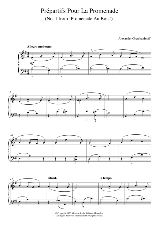 Learn to play Alexander Gretchaninoff Prépartifs Pour La Promenade (No. 1 From 'Promenade Au Bois') sheet music for Piano Solo in minutes. Alexander Gretchaninoff Prépartifs Pour La Promenade (No. 1 From 'Promenade Au Bois') sheet music notes and chords. Download Printable PDF.