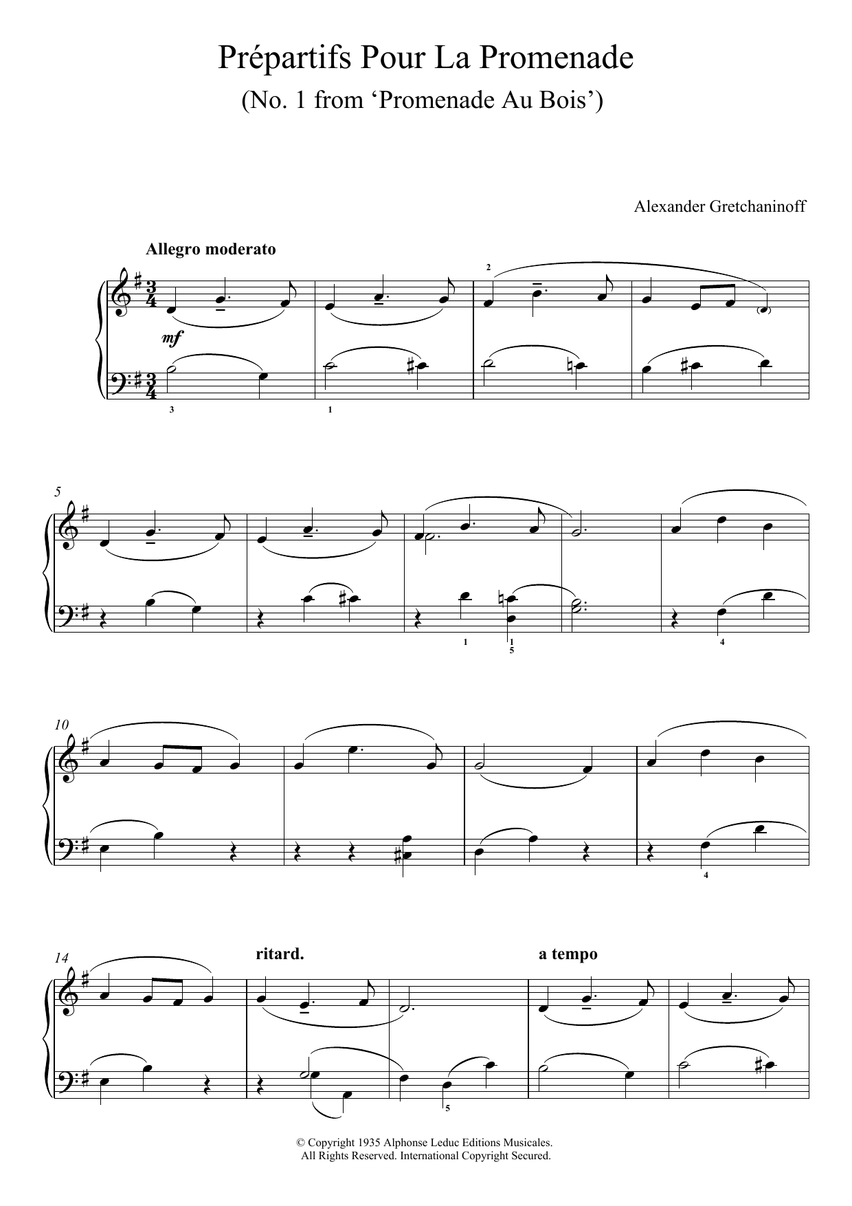 Learn to play Alexander Gretchaninoff Prépartifs Pour La Promenade (No. 1 From 'Promenade Au Bois') sheet music for Piano Solo in minutes. Price: 6.9900$ Alexander Gretchaninoff Prépartifs Pour La Promenade (No. 1 From 'Promenade Au Bois') sheet music notes and chords arranged for Piano Solo