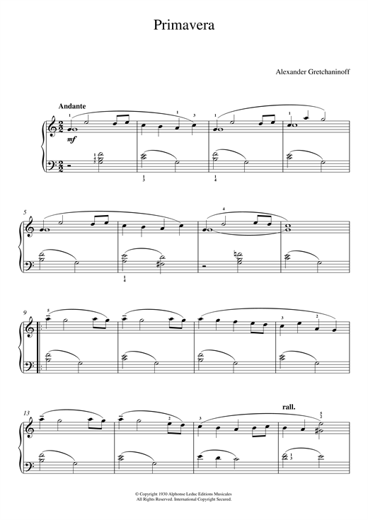 Learn to play Alexander Gretchaninoff Primavera (No. 1 from 'Historiettes') sheet music for Piano Solo in minutes. Price: 6.9900$ Alexander Gretchaninoff Primavera (No. 1 from 'Historiettes') sheet music notes and chords arranged for Piano Solo
