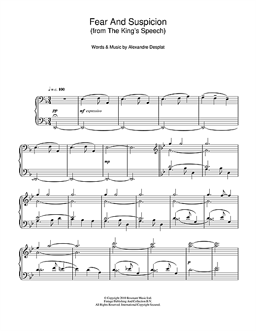 Learn to play Alexandre Desplat Fear And Suspicion (from The King's Speech) sheet music for Piano Solo in minutes. Alexandre Desplat Fear And Suspicion (from The King's Speech) sheet music notes and chords. Download Printable PDF.