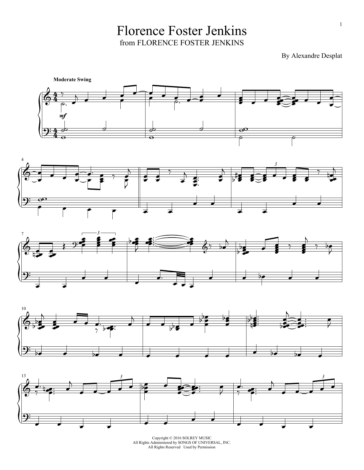 Learn to play Alexandre Desplat Florence Foster Jenkins sheet music for Piano Solo in minutes. Alexandre Desplat Florence Foster Jenkins sheet music notes and chords. Download Printable PDF.