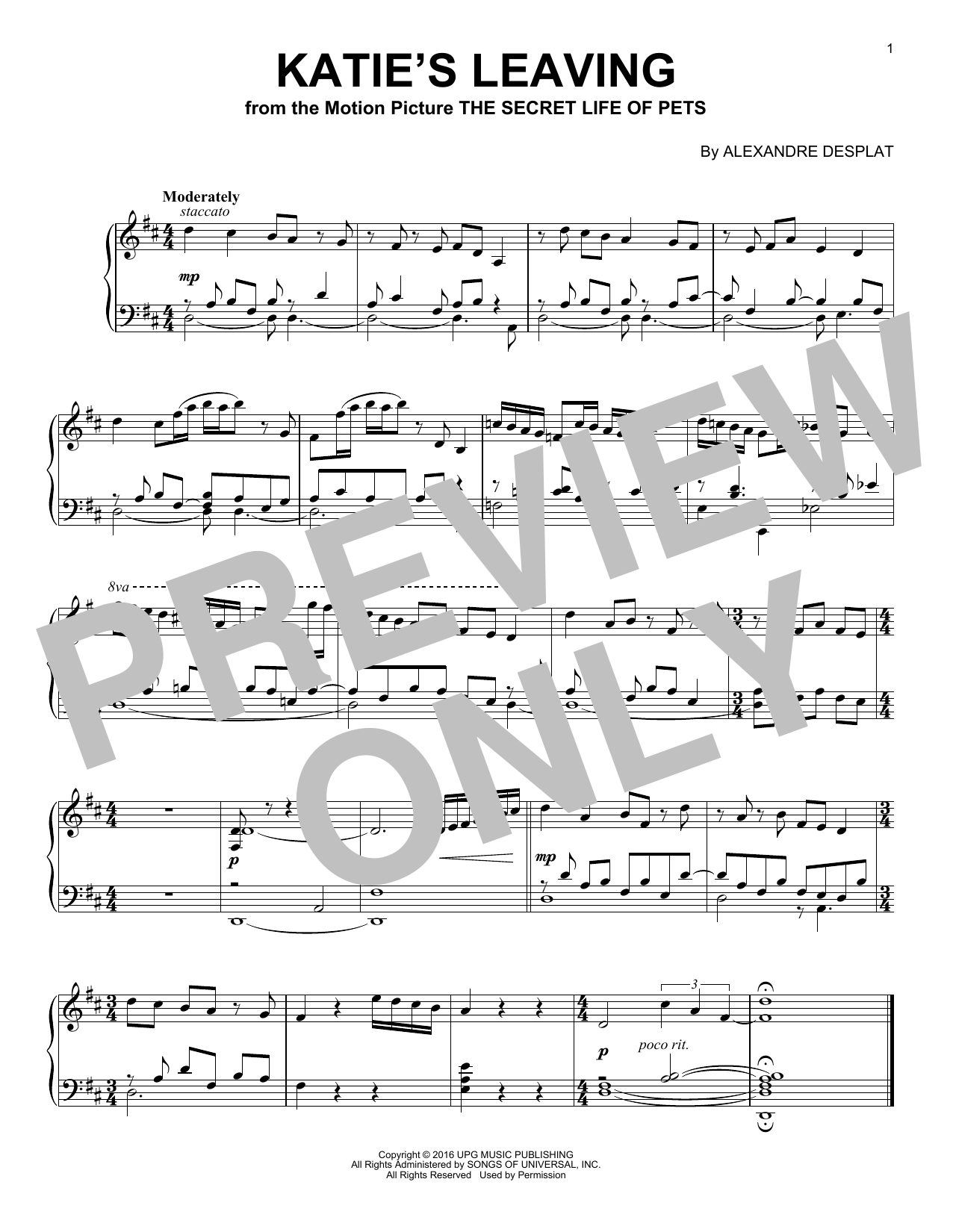 Alexandre Desplat Katie's Leaving sheet music notes and chords. Download Printable PDF.