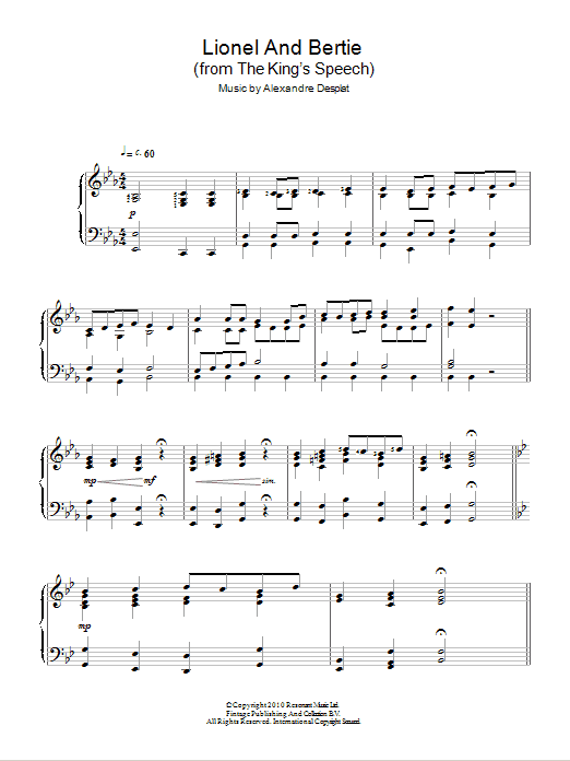 Learn to play Alexandre Desplat Lionel And Bertie (from The King's Speech) sheet music for Piano Solo in minutes. Alexandre Desplat Lionel And Bertie (from The King's Speech) sheet music notes and chords. Download Printable PDF.