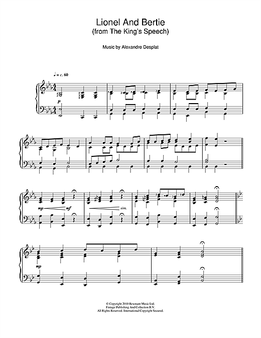 Learn to play Alexandre Desplat Lionel And Bertie (from The King's Speech) sheet music for Piano Solo in minutes. Alexandre Desplat Lionel And Bertie (from The King's Speech) sheet music notes and chords. Download Printable PDF.