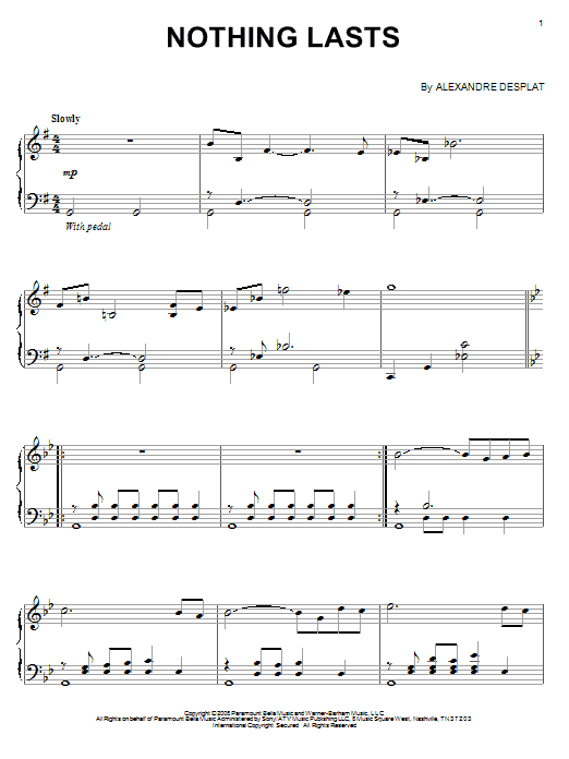 Learn to play Alexandre Desplat Nothing Lasts sheet music for Piano Solo in minutes. Alexandre Desplat Nothing Lasts sheet music notes and chords