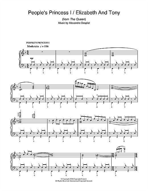Learn to play Alexandre Desplat People's Princess I/Elizabeth & Tony (from The Queen) sheet music for Piano Solo in minutes. Alexandre Desplat People's Princess I/Elizabeth & Tony (from The Queen) sheet music notes and chords. Download Printable PDF.