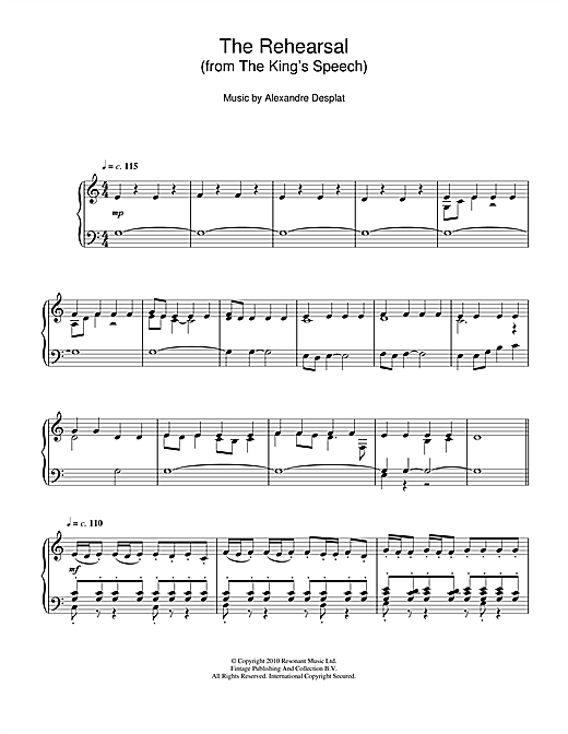 Learn to play Alexandre Desplat The Rehearsal (from The King's Speech) sheet music for Piano Solo in minutes. Alexandre Desplat The Rehearsal (from The King's Speech) sheet music notes and chords. Download Printable PDF.