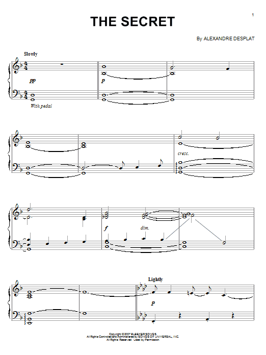 Learn to play Alexandre Desplat The Secret sheet music for Piano Solo in minutes. Alexandre Desplat The Secret sheet music notes and chords. Download Printable PDF.