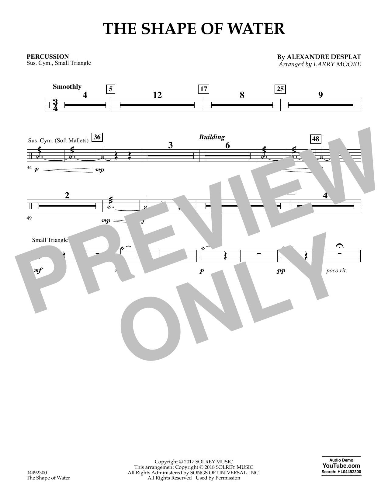 Learn to play Alexandre Desplat The Shape of Water (arr. Larry Moore) - Percussion sheet music for Orchestra in minutes. Alexandre Desplat The Shape of Water (arr. Larry Moore) - Percussion sheet music notes and chords. Download Printable PDF.