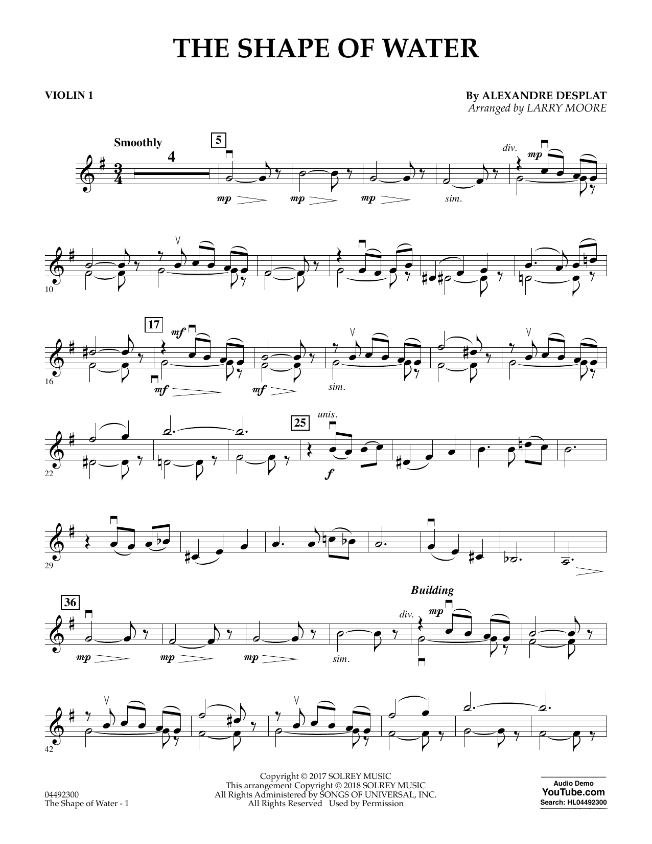 Learn to play Alexandre Desplat The Shape of Water (arr. Larry Moore) - Violin 1 sheet music for Orchestra in minutes. Alexandre Desplat The Shape of Water (arr. Larry Moore) - Violin 1 sheet music notes and chords. Download Printable PDF.