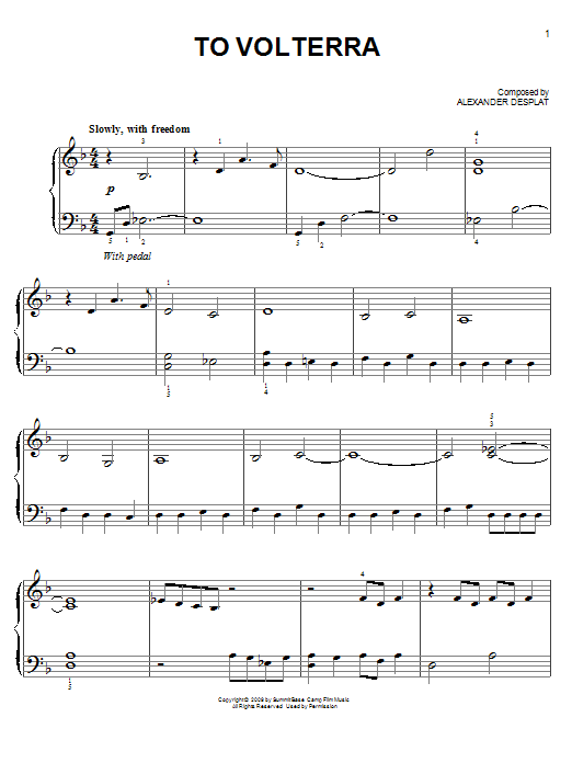 Learn to play Alexandre Desplat To Volterra sheet music for Easy Piano in minutes. Price: 6.9900$ Alexandre Desplat To Volterra sheet music notes and chords arranged for Easy Piano