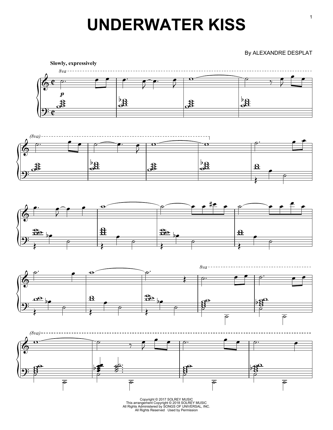 Learn to play Alexandre Desplat Underwater Kiss (from 'The Shape Of Water') sheet music for Piano Solo in minutes. Alexandre Desplat Underwater Kiss (from 'The Shape Of Water') sheet music notes and chords