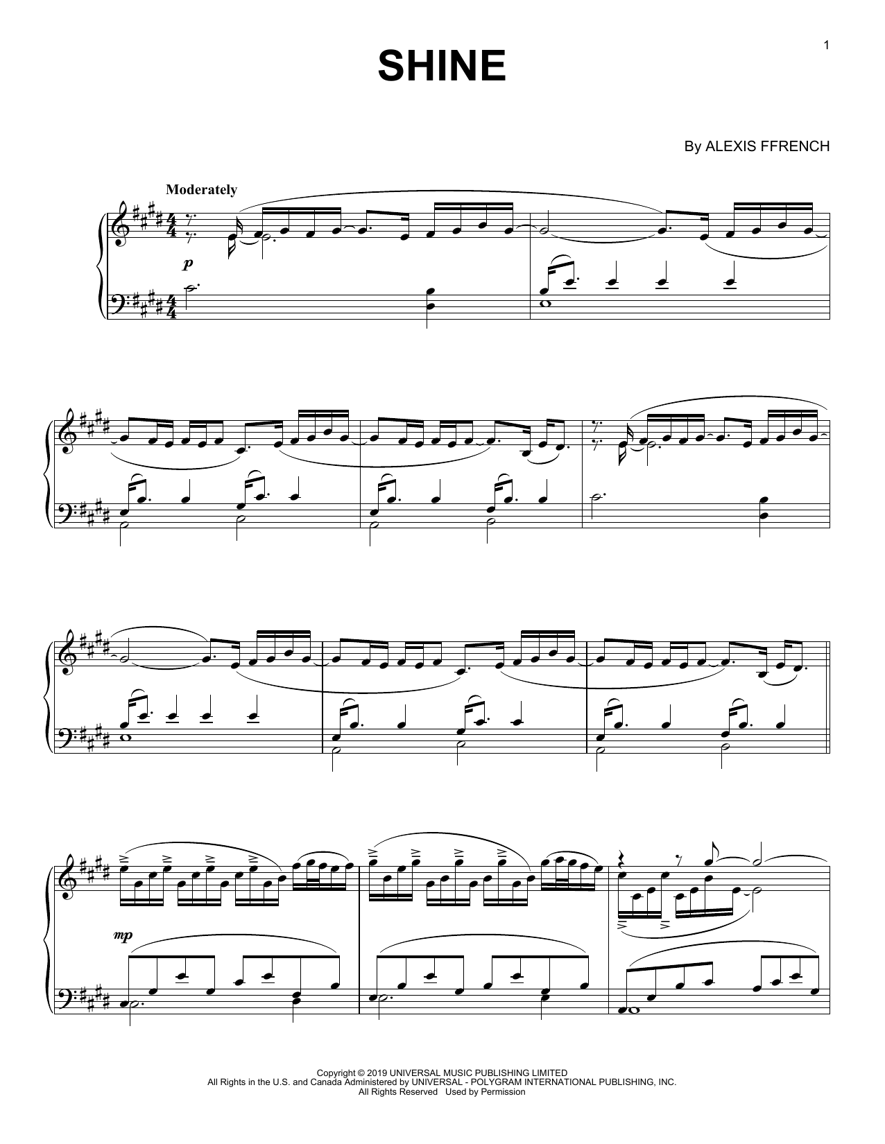 Alexis Ffrench Shine sheet music notes and chords. Download Printable PDF.