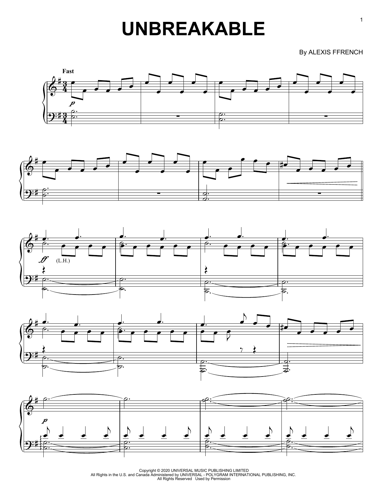 Alexis Ffrench Unbreakable sheet music notes and chords. Download Printable PDF.