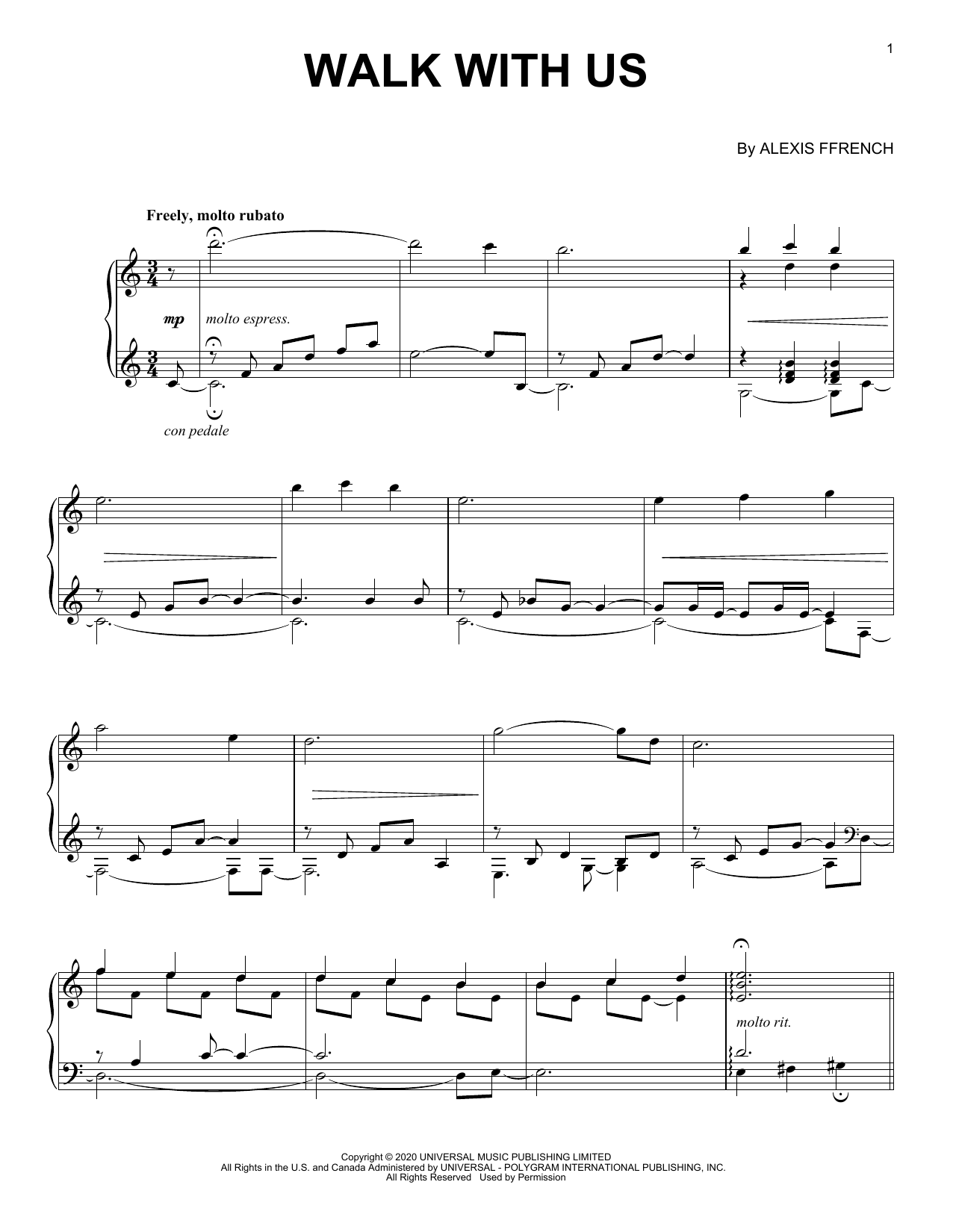 Alexis Ffrench Walk With Us sheet music notes and chords. Download Printable PDF.