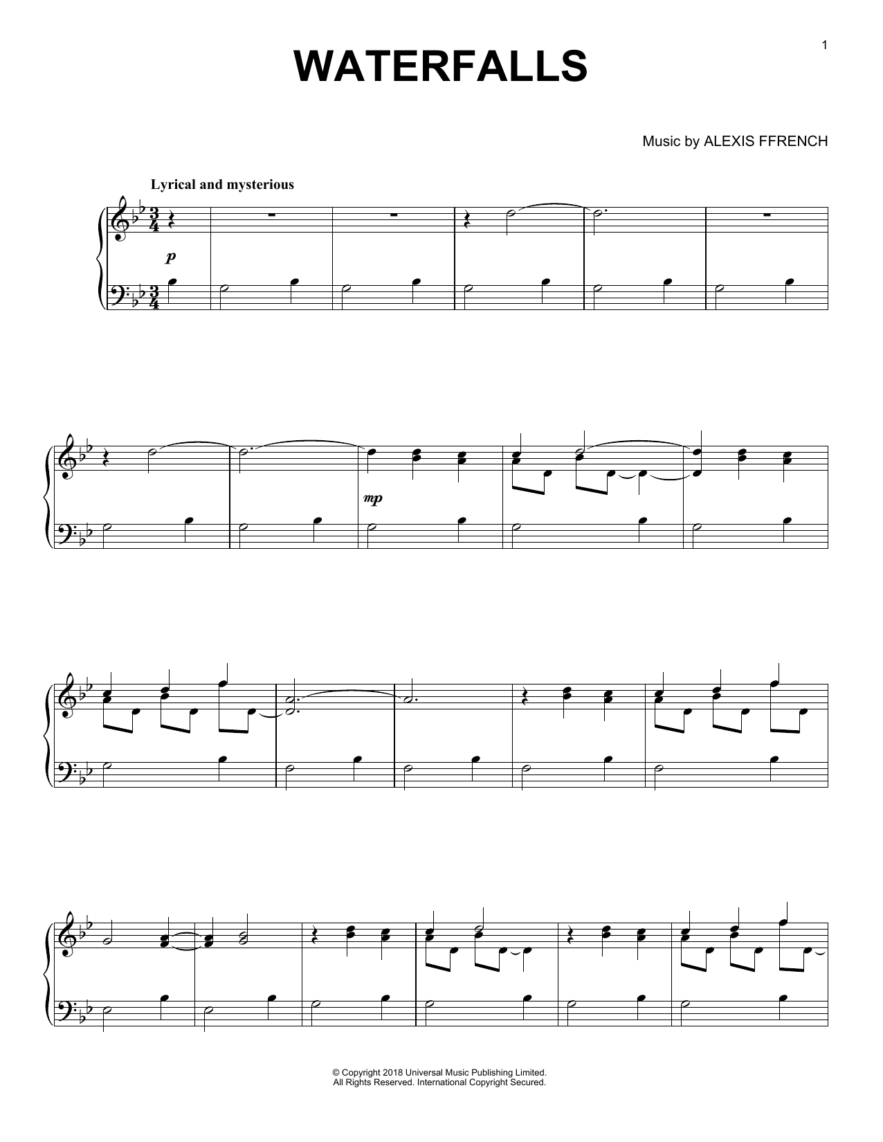 Alexis Ffrench Waterfalls Sheet Music Pdf Notes Chords Contemporary Score Piano Solo Download Printable Sku 409954