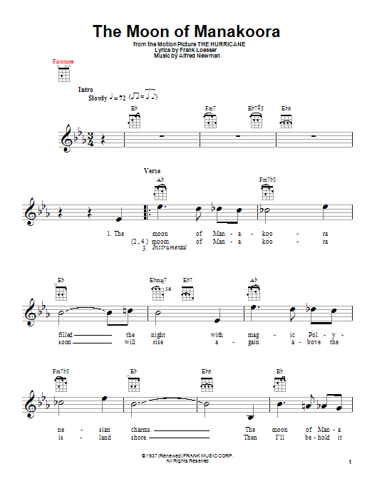 Learn to play Alfred Newman The Moon Of Manakoora sheet music for Piano, Vocal & Guitar Chords (Right-Hand Melody) in minutes. Price: 7.8900$ Alfred Newman The Moon Of Manakoora sheet music notes and chords arranged for Piano, Vocal & Guitar Chords (Right-Hand Melody)