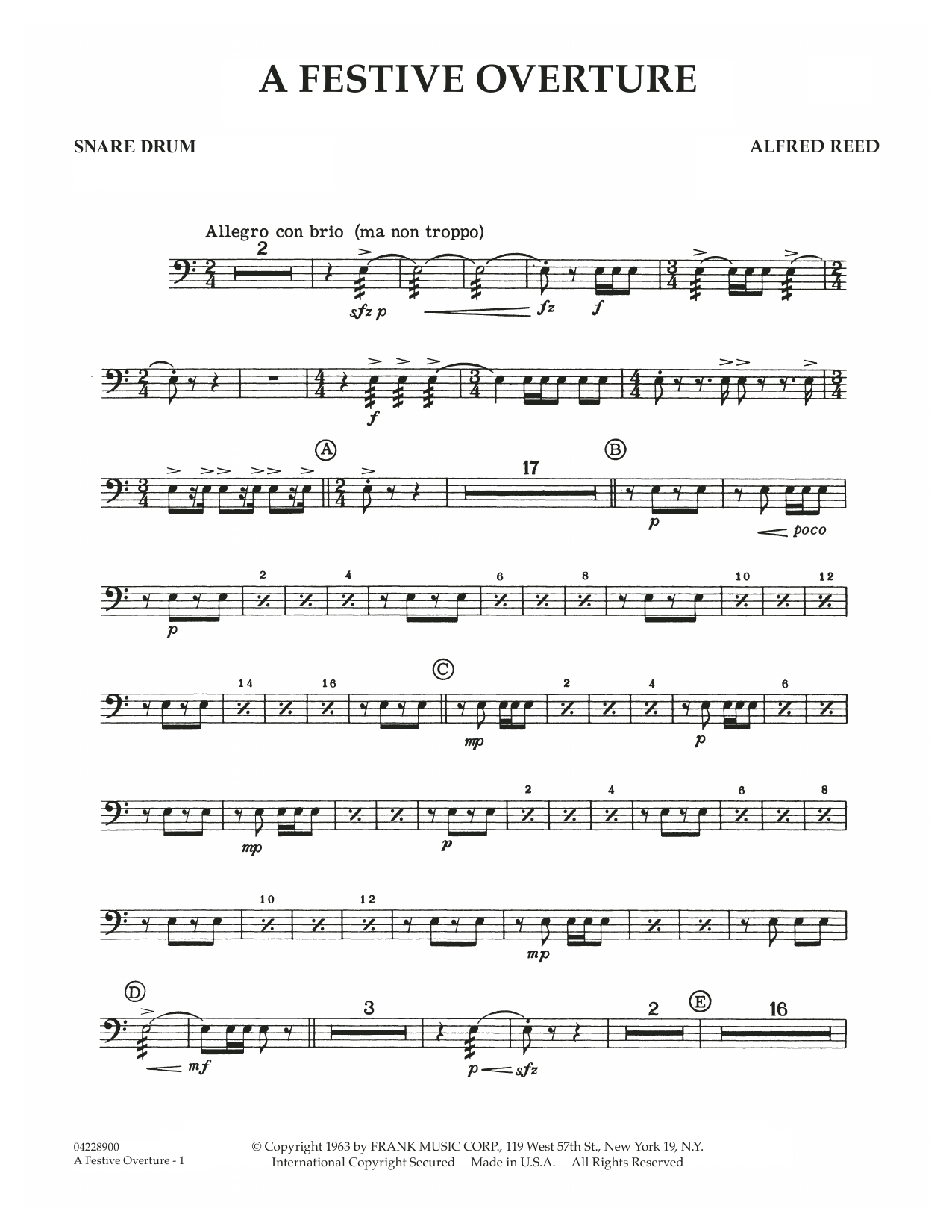 Alfred Reed "A Festive Overture - Snare Drum" Sheet Music ...