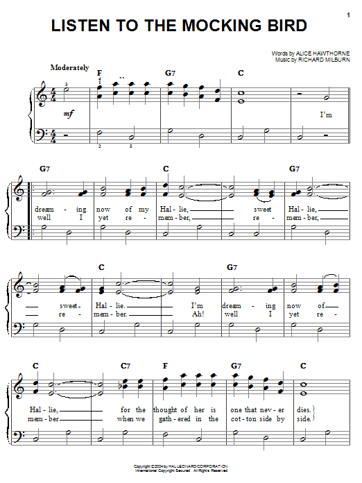 Learn to play Alice Hawthorne Listen To The Mocking Bird sheet music for Easy Piano in minutes. Price: 6.9900$ Alice Hawthorne Listen To The Mocking Bird sheet music notes and chords arranged for Easy Piano