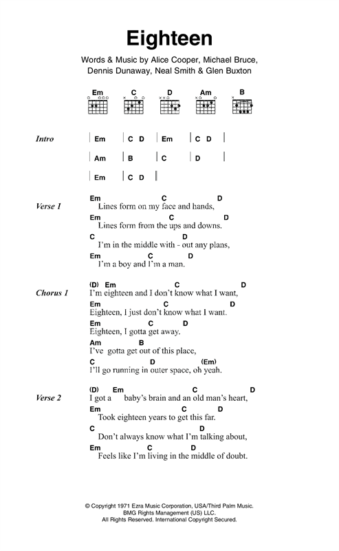 Alice Cooper Eighteen sheet music notes and chords. Download Printable PDF.