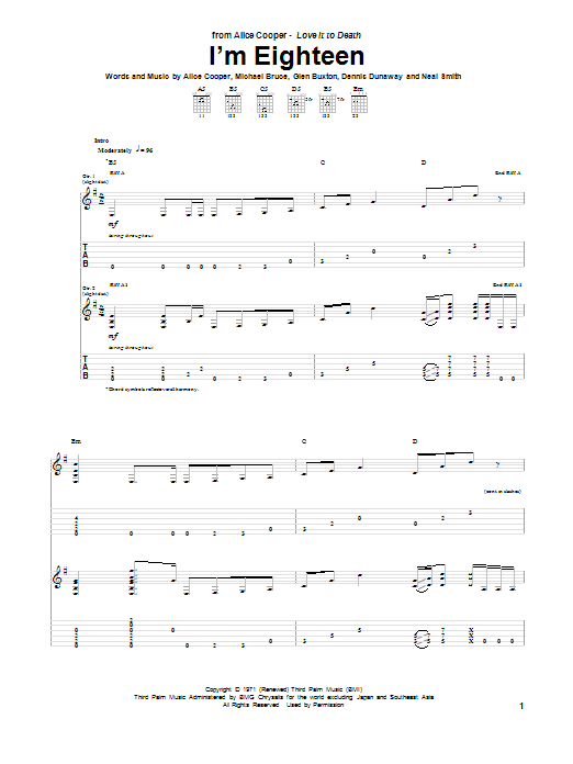 Alice Cooper I'm Eighteen sheet music notes and chords. 