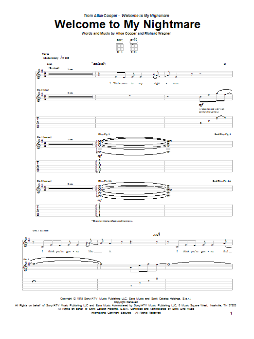 Alice Cooper Welcome To My Nightmare sheet music notes and chords. 