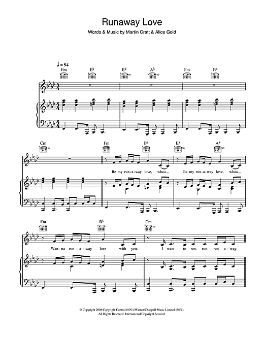 Alice Gold Runaway Love sheet music notes and chords. Download Printable PDF.