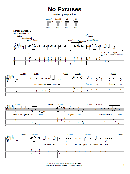 Alice In Chains No Excuses sheet music notes and chords. Download Printable PDF.